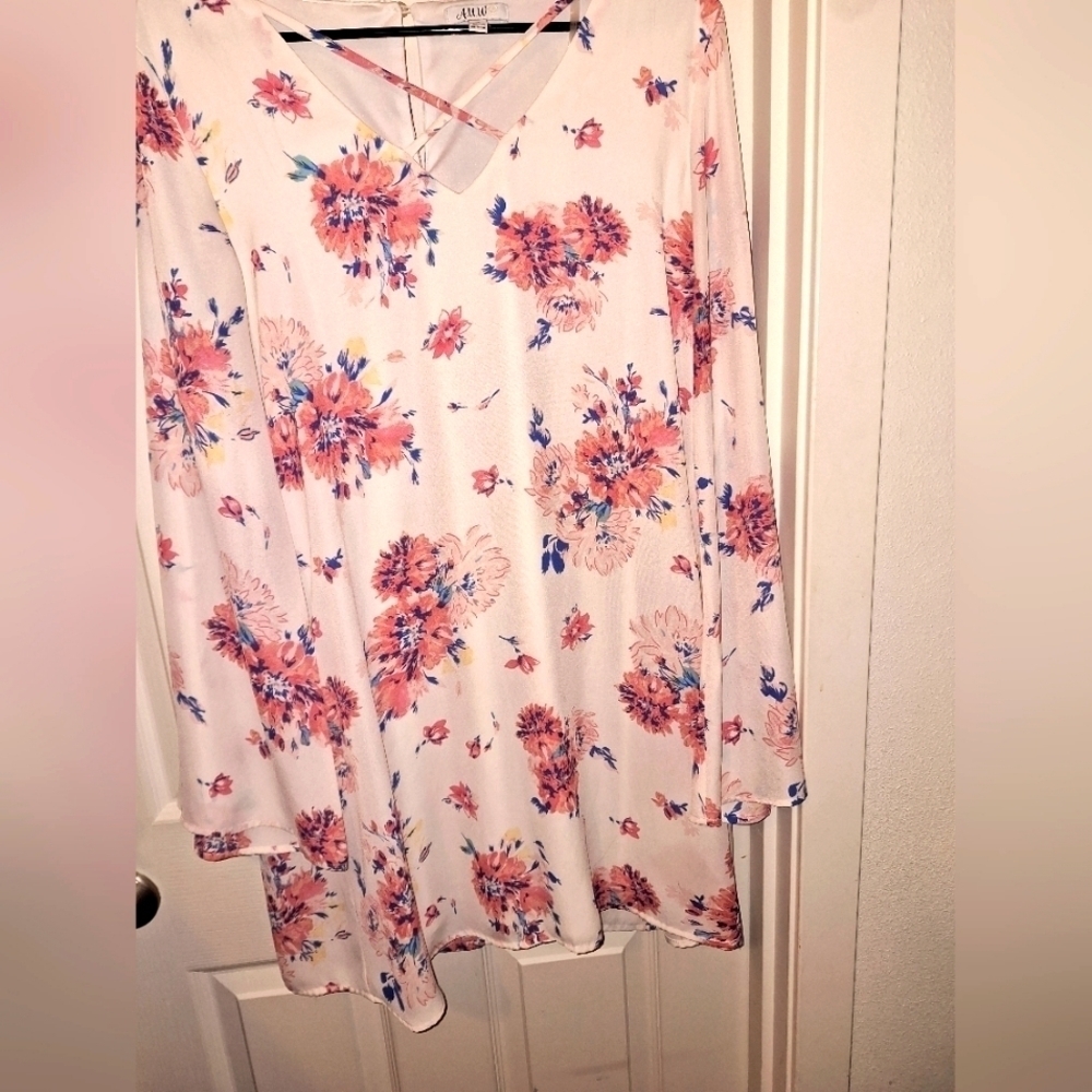 AUW Cream Floral Long Sleeve Shirt Dress